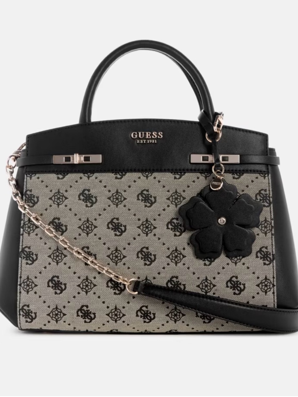 GUESS Black and Beige Logo Satchel with Floral Charm Melinda logo handbag